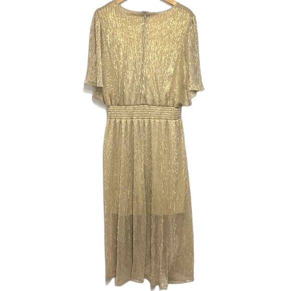 MSK Gold Metallic V-Neck Flutter Sleeve Handkerchief Hem Midi Dress Size XL - Picture 4 of 15